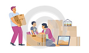 Family moving new house and packing boxes flat vector illustration isolated.