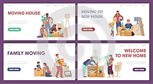 Family moving new house webpages collection, flat vector illustration.