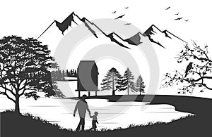 Family in nature hikes adventure silhouette. Vector happy hikers people enjoy natural scenery with lake and mountains on