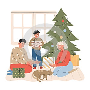 Family near the Christmas tree, gift boxes and cat. Father, mother and boy exchange gifts, xmas tradition