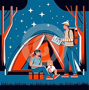 Family Night Camping Vector Scene