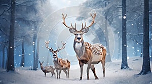 Family of noble deer in a snowy winter forest. Christmas fantasy image in blue and white color. Snowing.