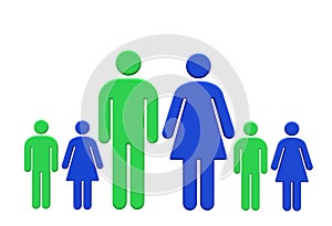 The family nucleus with green male father and sons blue female mother and daughters