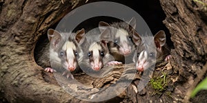 A family of opossums sleeping upside down in a tree hollow, concept of Nocturnal Animals, created with Generative AI