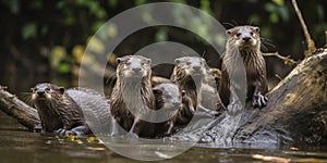 A family of otters playing in a riverbank den, concept of Animal behaviour, created with Generative AI technology