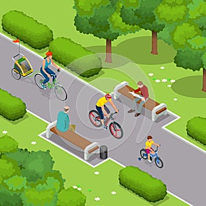 Family outdoor activity. Happy family concept. Healthy Lifestyle Outdoor. Bicycle isometric people.