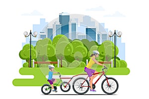 Family outdoor activity. Happy family concept. Healthy Lifestyle Outdoor. Bicycle isometric people.