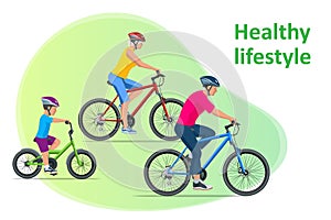 Family outdoor activity. Happy family concept. Healthy Lifestyle Outdoor. Bicycle isometric people.