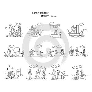 Family outdoor activity vector illustrations set. Vacation time sports, games and activities ideas