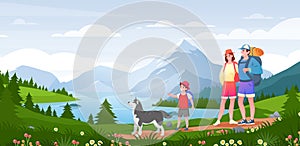 Family outdoor adventure activity, cartoon active happy people hiking, hikers walking with pet dog