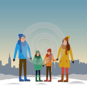 Family outdoors in winter. Father, mother, son and daughter holding hands. Happy smiling people on background of cityscape. Flat v