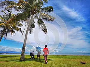 A family outing and coconut tree in the Tanjung Aru Beach, Kota Kinabalu with the beautiful blue sky above on sunny day.