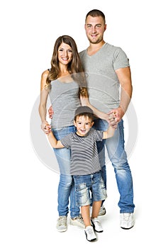 Family over White Background, Happy Parents with Child, Three