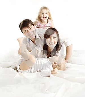 Family over White Background, Happy Parents with Children, Father Mother Kid and Baby, Four People White Isolated