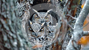 A family of owls nestles in the branches of a tree their hoots echoing through the calm forest. .