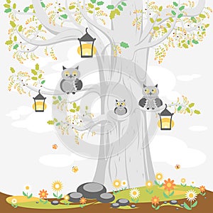 A family of owls on a tree in spring, cute cartoon characters.