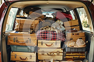 Family packing luggage into car trunk for road trip photo