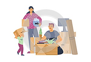 Family packing things for moving to new house, flat vector illustration isolated.