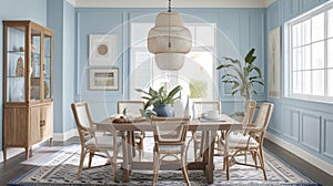 A family paints their dining room in a soothing blue hue instantly brightening up the space and creating a calming photo