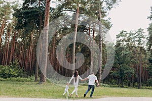 Family, parenthood, adoption and people concept - happy mother, father and little girl walking in summer park and have fun.
