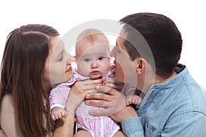 Family, parenthood and people concept - happy mother, father with baby daughter at home