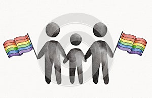 Family.  parents and child hold  rainbow flag.LGBT  Pride month watercolor texture concept