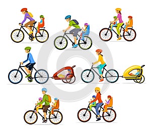 Family, Parents, Man Woman with their children, boy and girl, riding bikes. Safe kids seats and trolleys