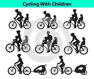 Family, Parents, Man Woman with their children, boy and girl, riding bikes. Safe kids seats and trolleys for traveling cycling