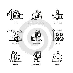 Family and parents, marriage and motherhood thin line vector icons set