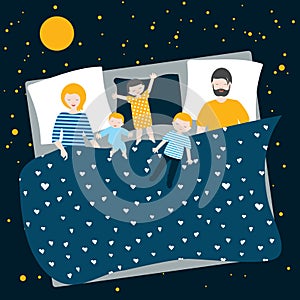 Family of parents and three children sleeping together in bed. Flat  cartoon llustration