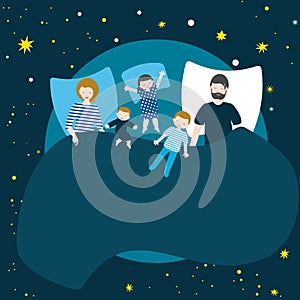 Family of parents and three children sleeping together in bed. Flat  cartoon llustration photo