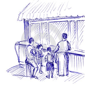A family of parents and two children buy a treat at the counter in a kiosk. Hand drawn sketch with ballpoint pen on paper texture
