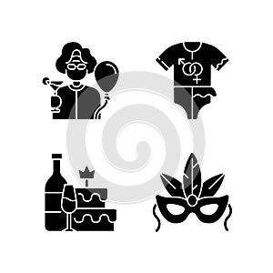 Family party greeting black glyph icons set on white space