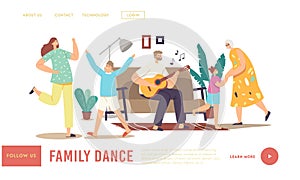 Family Party Landing Page Template. Parents and Kids Characters Dance, Father Play Guitar, Mother with Granny, Children