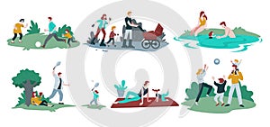 Family pastime isolated icons, parents and children, outdoor activities