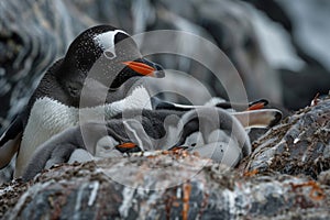 A family of penguins huddle together on a rock for warmth, A family of penguins huddled together for warmth