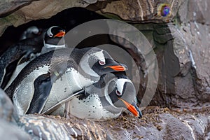 Family of penguins huddled together for warmth inside a cave, A family of penguins huddled together for warmth