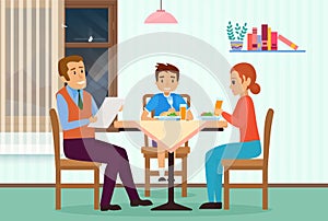 Family people dining at home living room domestic interior, father reading at table