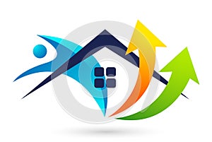 Family people home house roof development progress increasing population two arrows icon vector