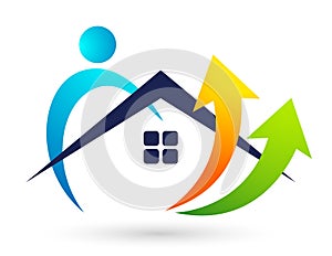 Family people home house roof development progress increasing population two arrows icon vector