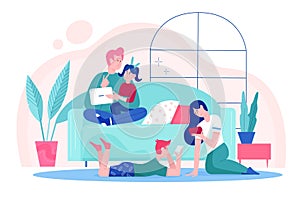 Family people at home vector illustration, cartoon happy father, mother and children using tablet, smartphone gadgets