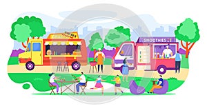Family people at street food festival in city park vector illustration, cartoon flat characters enjoying streetfood at