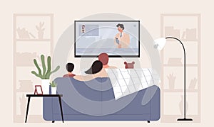 Family people watching tv, cartoon flat mother, father and kids characters sit on sofa in home room