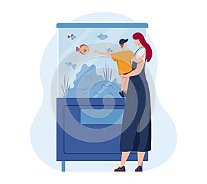 Family pet in cartoon aquarium, vector illustration. Sea animal in water, aquatic goldfish and tropical ocean fish