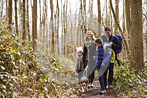 Family with pet dog walk through a wood, boy turning round