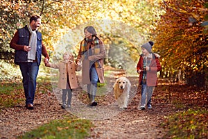 Family With Pet Golden Retriever Dog Walking Along Track In Autumn Countryside Holding Hands