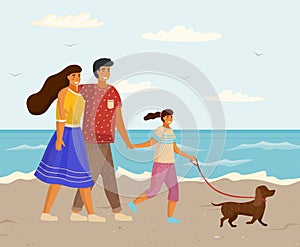 Family with pet are walking on shore. Owners and their puppy spending time together on beach