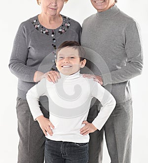 Family photo of grandma grandpa and the grandson. isolated on white background