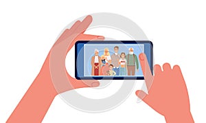 Family photo. Hands holding smartphone with people image. Selfie vector illustration