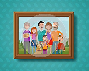 Family photo on wall in wooden frame. Cartoon vector illustration